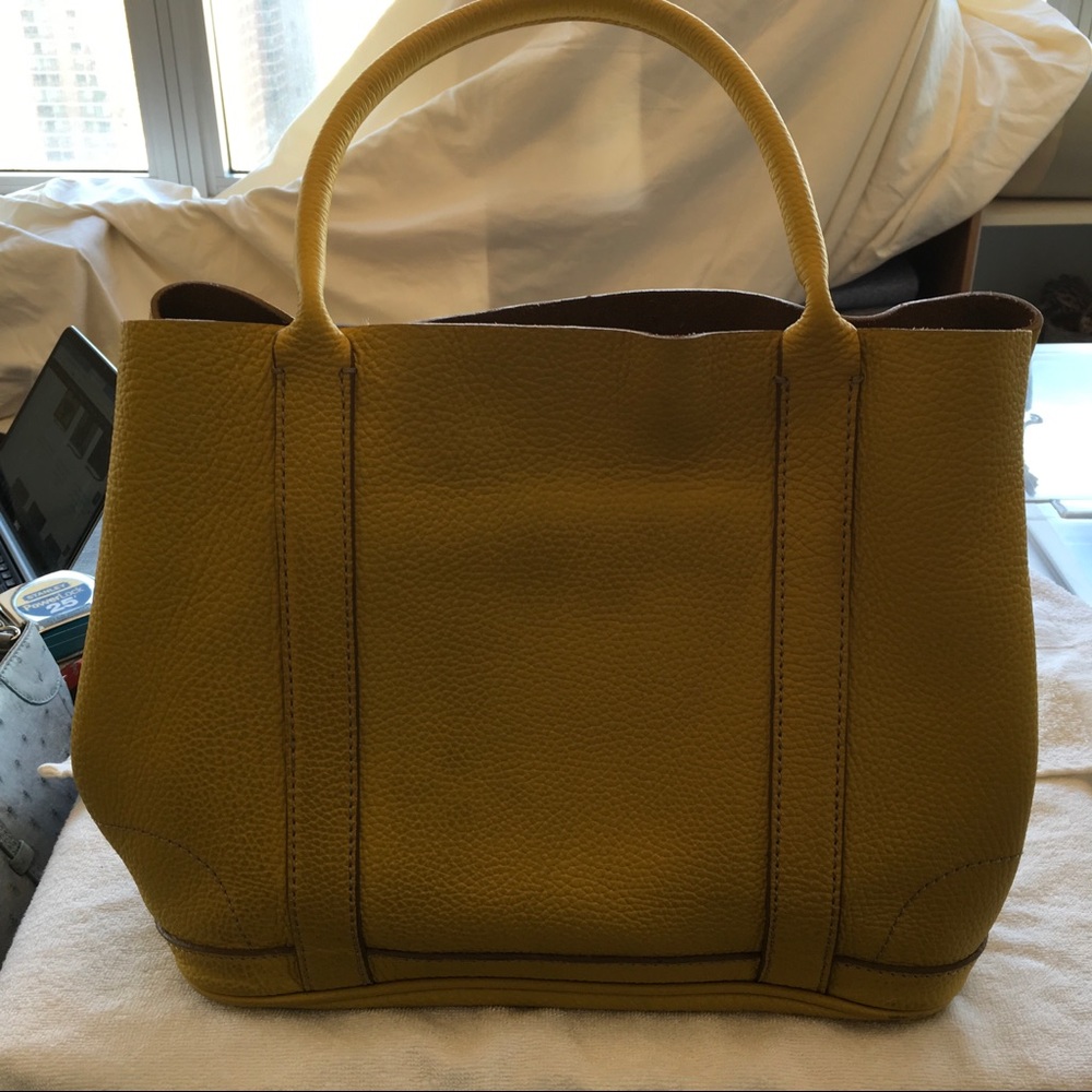 Vintage JCrew yellow leather tote with metal feet